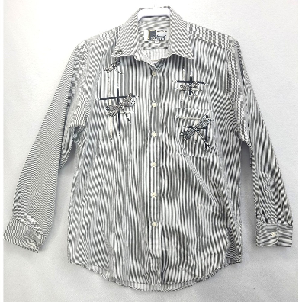 Embroidered Dragonfly Pinstriped Womens Shirt Rhinestone Embellishments